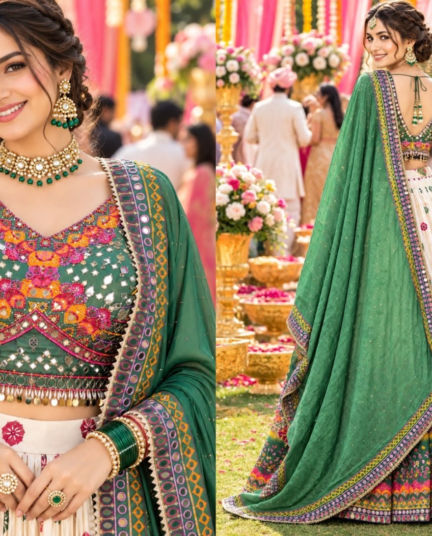 CREAM - Crepe Silk Cream Festival Wear Embroidery Work Readymade Lehenga Choli